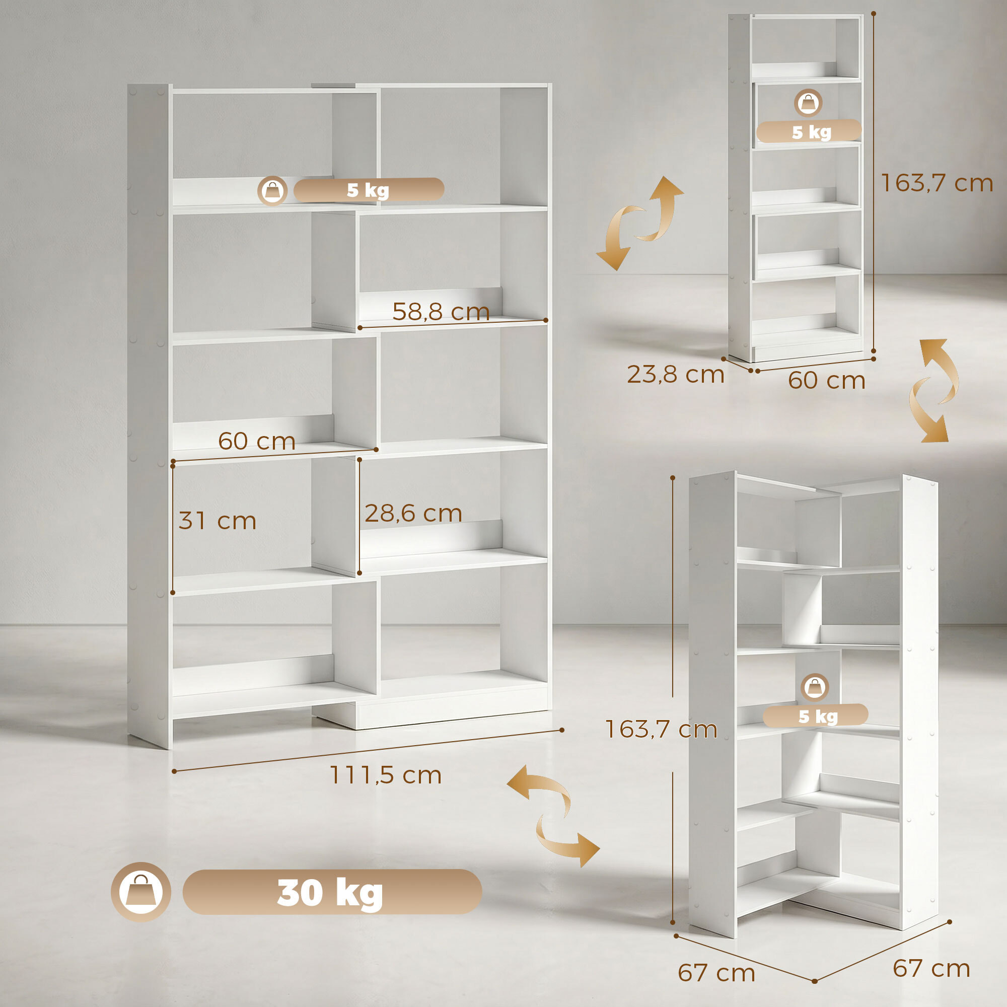 Estantería Expandible 5 Niveles, Librería para Libros Giratoria 350°, Ancho Ajustable, Convertible en en L, Recta o Compacta para Salón, Dormitorio, Estudio 111,5x23,8x163,7 cm Blanco