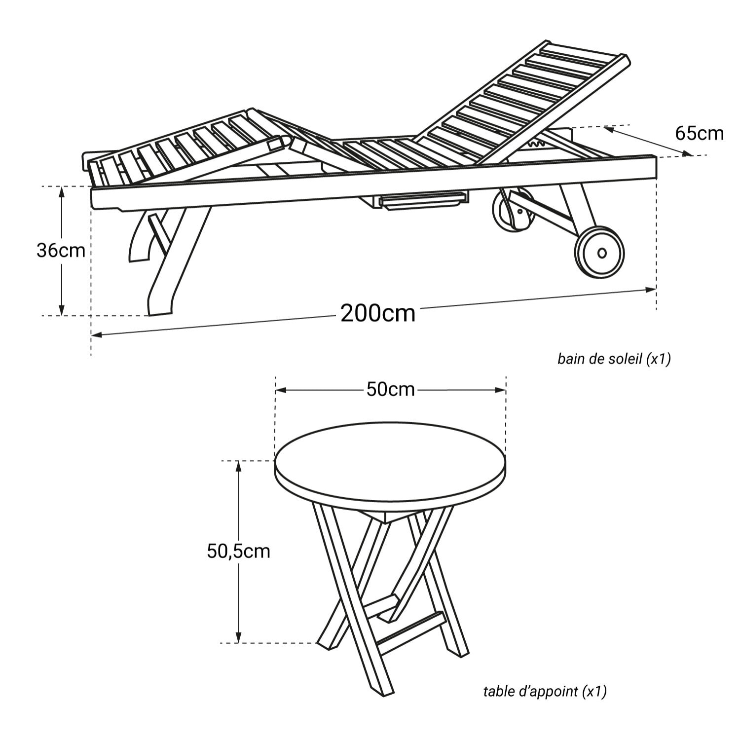 Ensemble bain de soleil pliant en teck avec table d'appoint LOMBOK