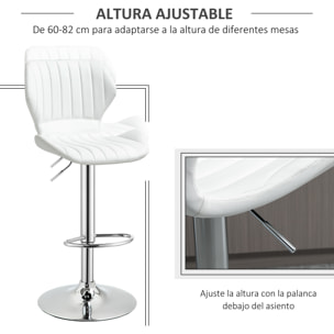 HOMCOM Juego de 2 Taburetes Altos de Cocina y Giratorio Taburetes Altos de Cuero Sintético con Respaldo y Estructura de Metal 47x51,5x91,5-113,5 cm Blanco