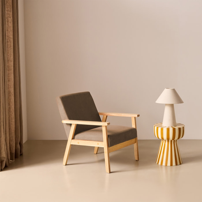 Fauteuil scandinave bois de peuplier, d'hévéa et velours côtelé ISAK