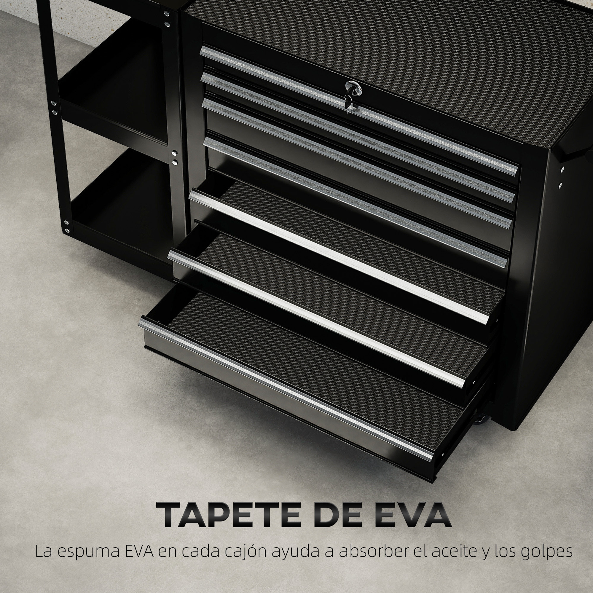 Carro de Herramientas con 7 Cajones, Carro de Taller con Estantería de 3 Niveles Desmontable, Sistema de Cierre Central, Asa, 2 Ruedas con Freno de Bloqueo, Negro