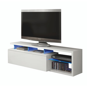 Mobile porta TV Pittsburgh, Credenza per televisione da soggiorno con 1 anta, Supporto TV con luce led, Buffet da salotto, cm 150x41h50, Bianco lucido