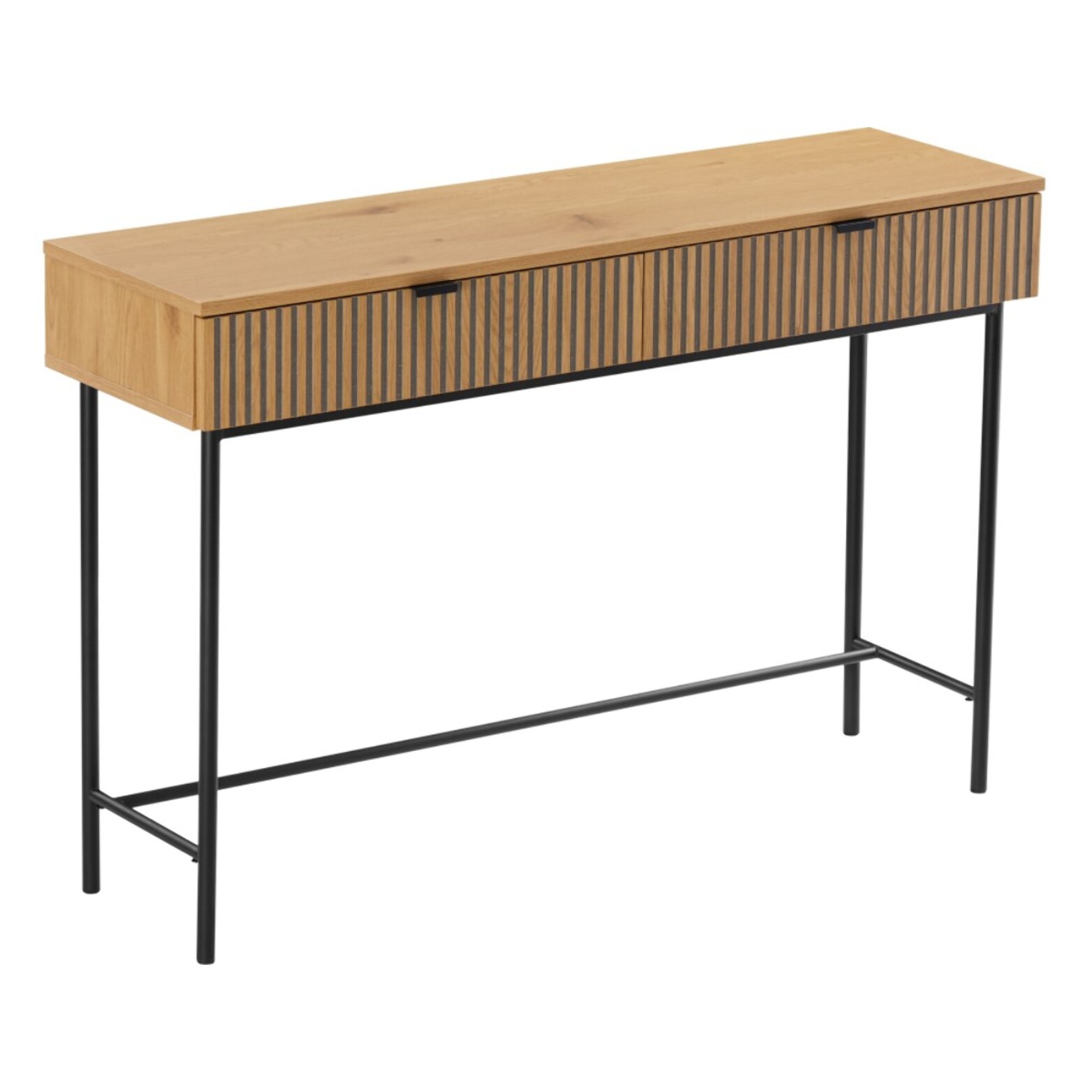 SCOTT - Console 2 tiroirs décor effet bois rainuré noir/naturel
