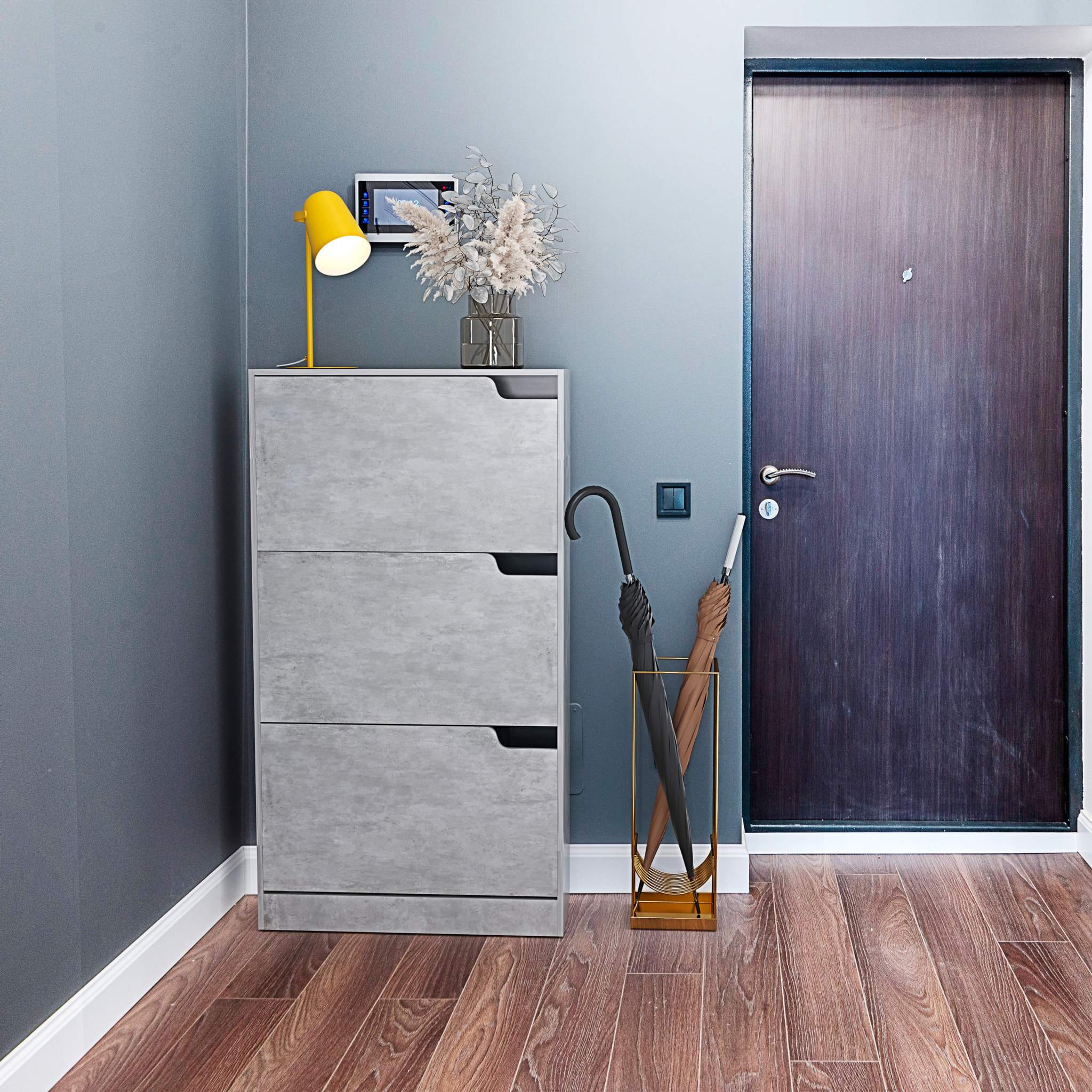 Scarpiera Portascarpe 3 Ante In Legno MDF Salvaspazio A Ribalta Maniglie A Scomparsa Per Ingresso Soggiorno Casa Camera 115x24x63 Cm Grigio Cemento