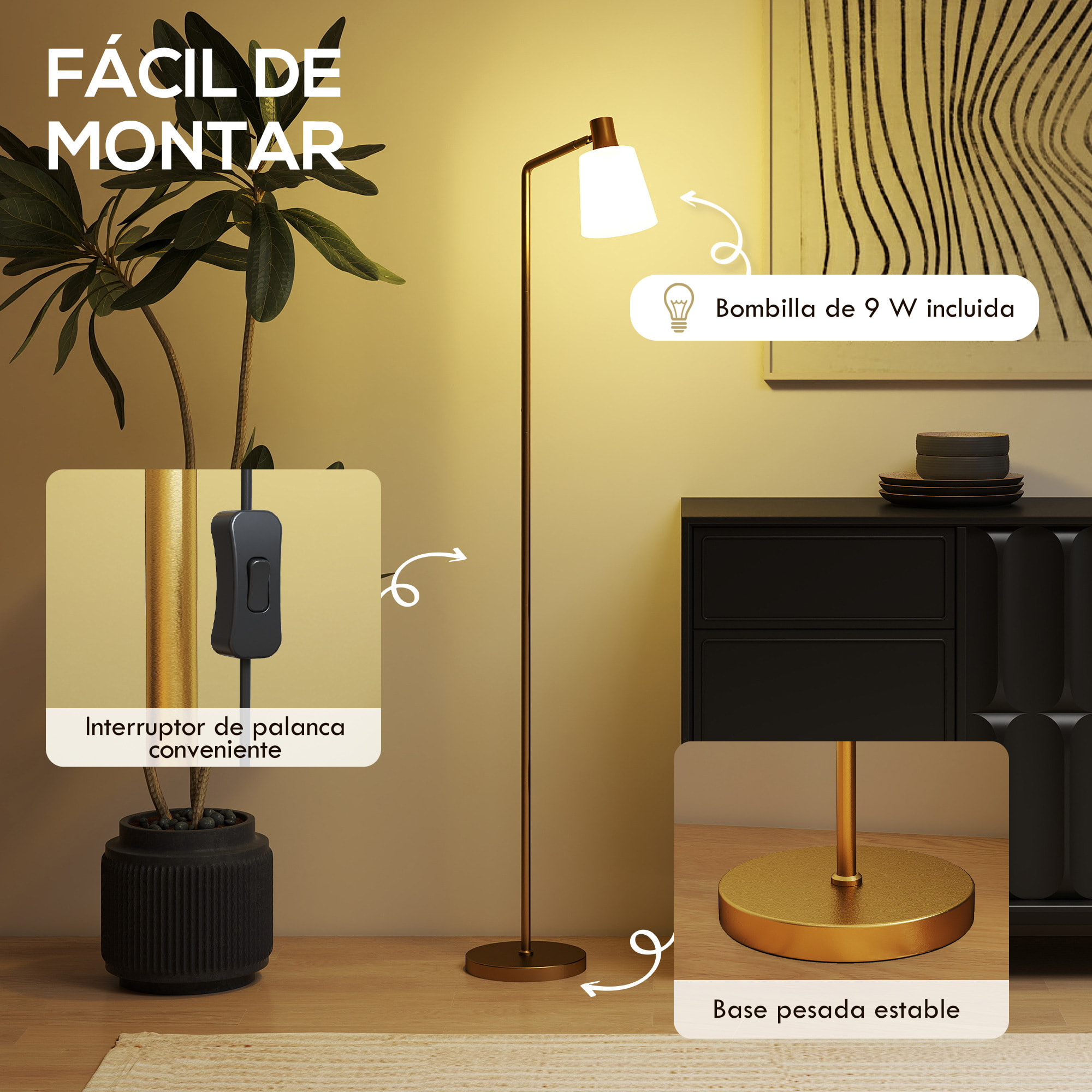 Lámpara de Pie LED Regulable, Lámpara de Pie Salón Moderna con Pantalla Giratoria 350°, 3 Temperaturas de Color 3000K/4000K/6500K y Bombilla E27, para Dormitorio, Oficina, Blanco y Dorado