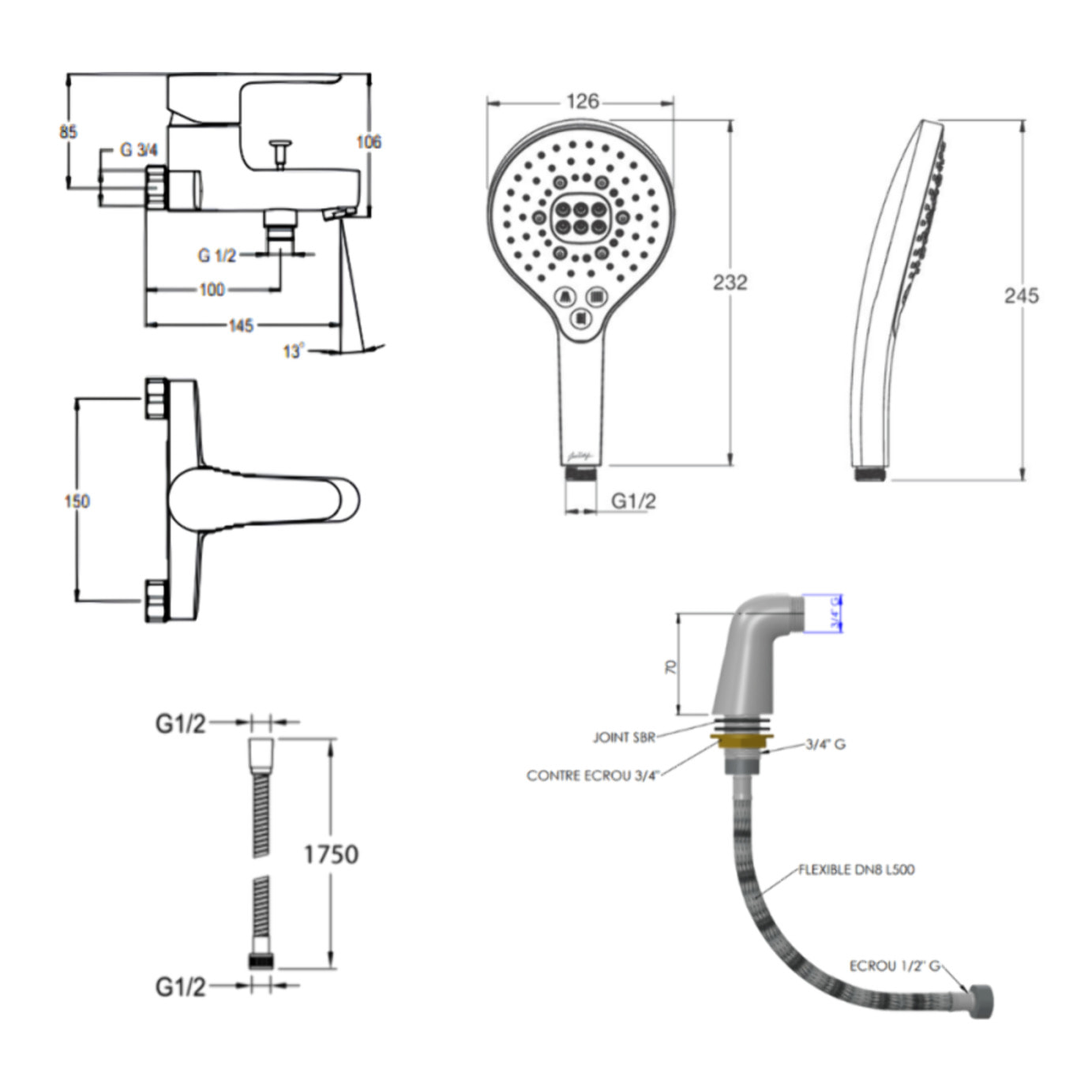 Mitigeur baignoire July + pommeau de douche Metro signature + flexible de douche métal + colonnettes Idro'Flex
