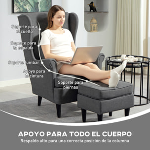 Sillón con Reposapiés Sillón Lectura con Respaldo Alto Capitoné Patas de Madera Almohada Acolchada y Tapizado en Lino Butaca para Salón Dormitorio Oficina Gris Oscuro