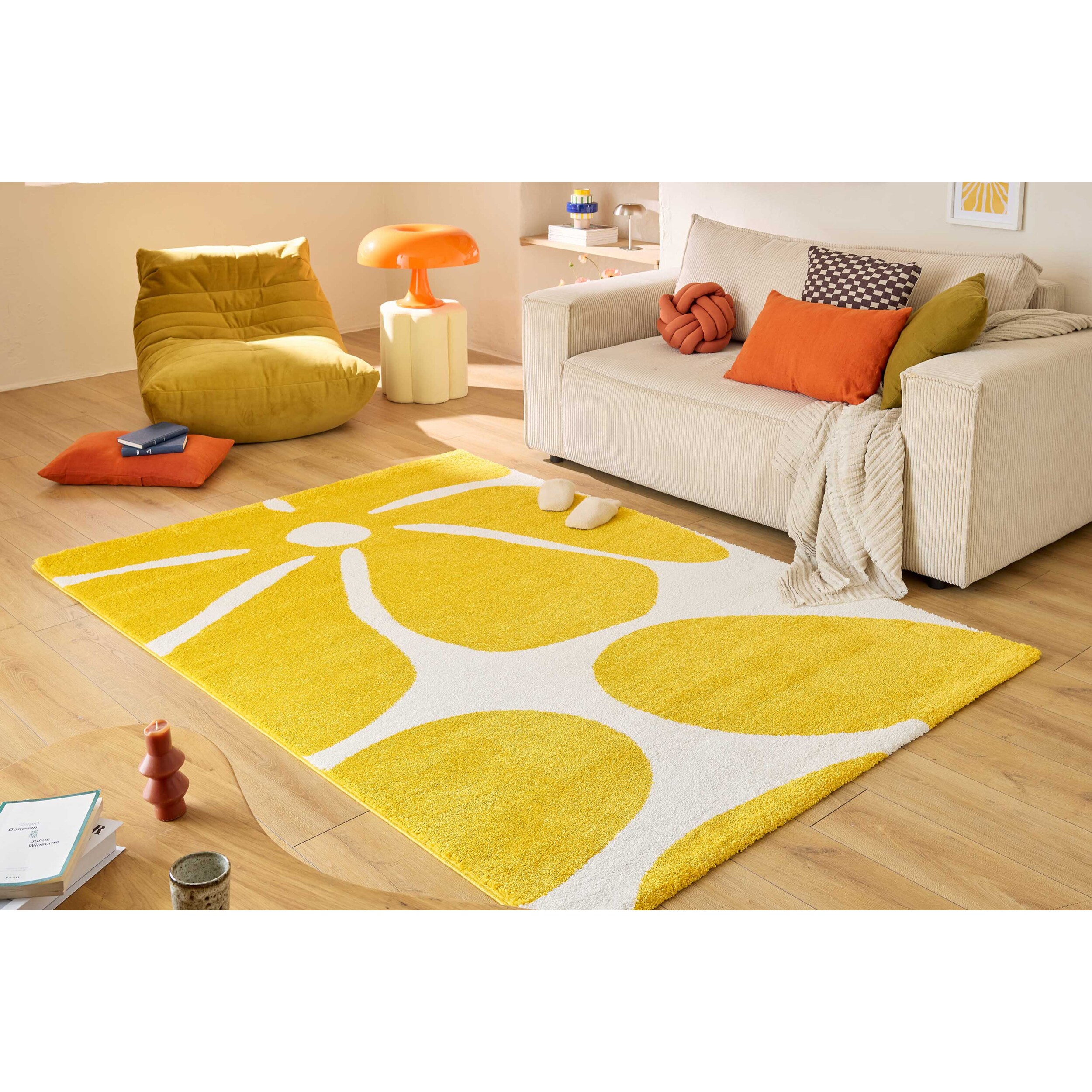 GROOVY - Tapis rétro coloré à motif fleur - Confortable et moelleux - Jaune