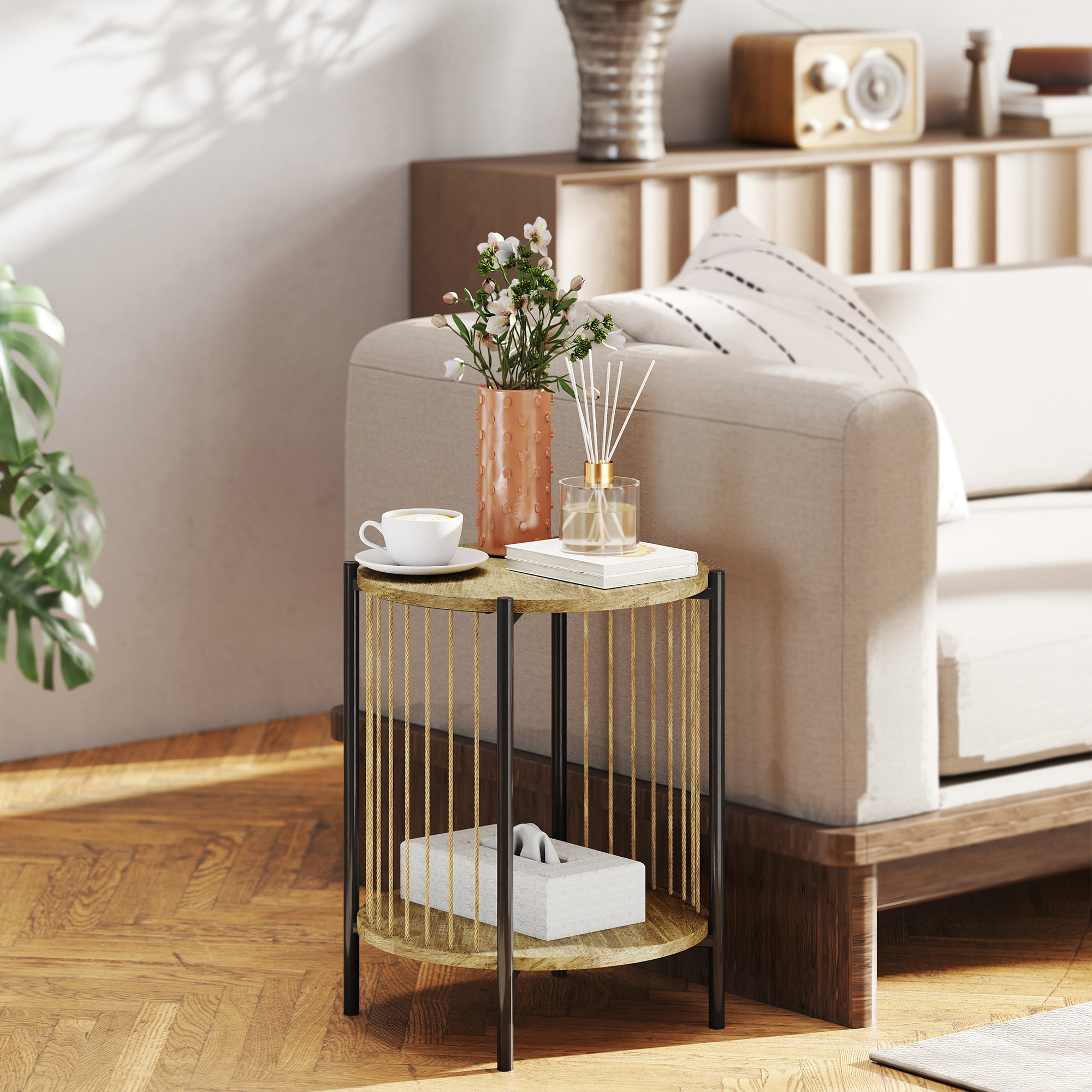 Mesa Auxiliar Redonda de 2 Niveles Mesita Auxiliar Bohemio con Estante y Estructura de Acero para Salón Dormitorio 43,5x43,5x51 cm Natural