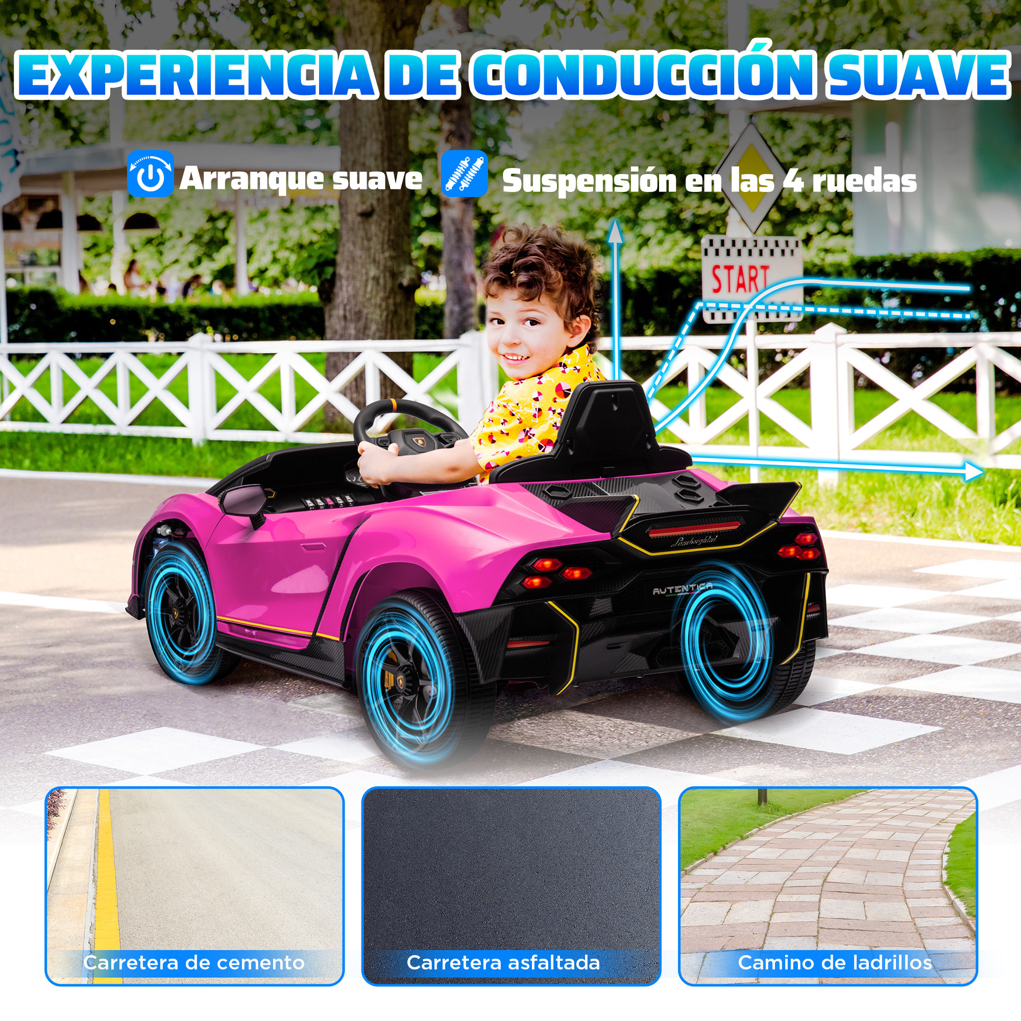 Coche Eléctrico para Niños de +3 Años Lamborghini Autentica Coche Eléctrico con Batería 12V Mando a Distancia Faros Bocina Arranque Suave y Música MP3 Rosa