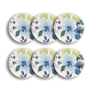 Lot de 6 assiettes à dessert en grès 19cm motif fleuri bleu BLEUET