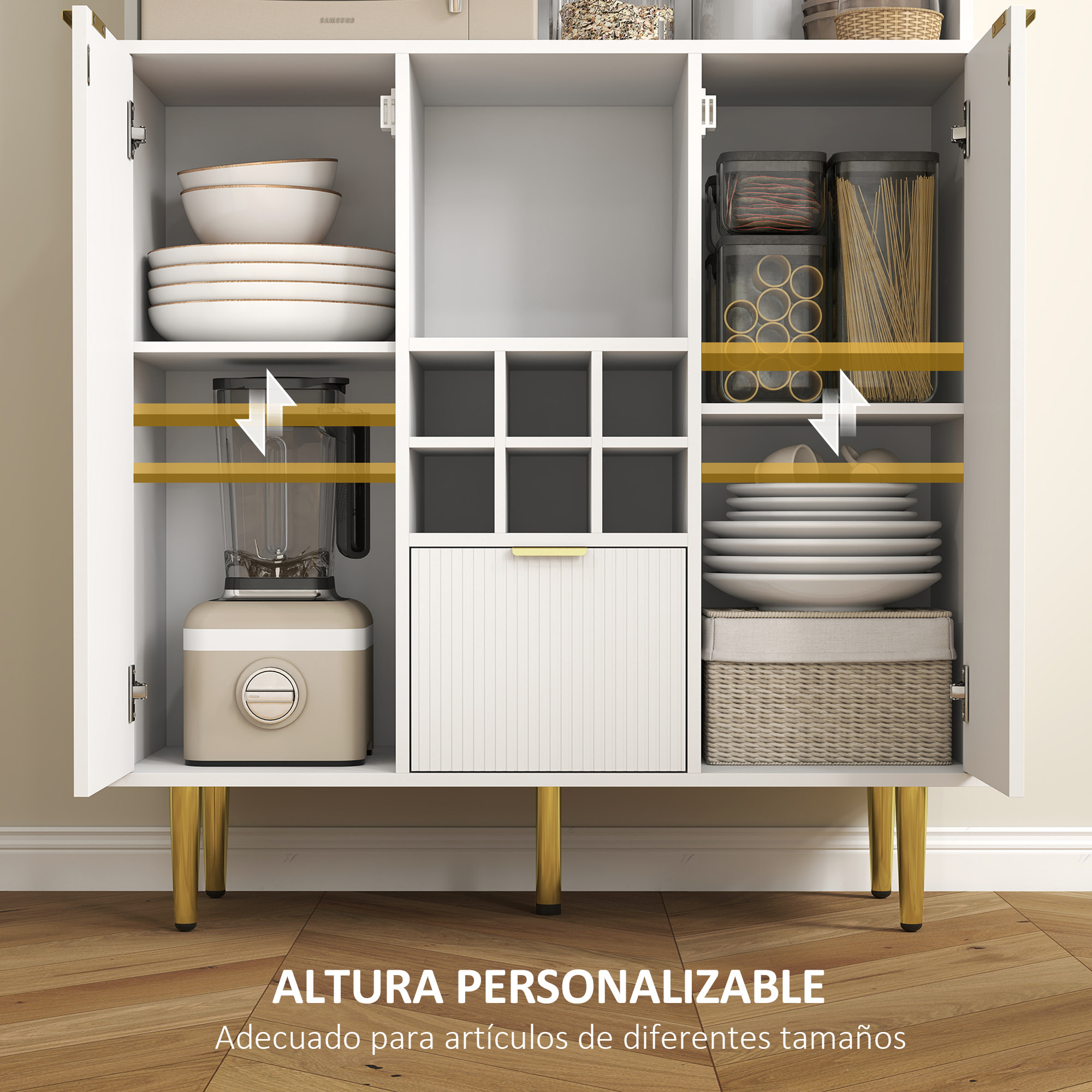 Alacena de Cocina Mueble Auxiliar de Cocina Aparador Alto con 3 Puertas de Vidrio Botellero Cajón Estantes Ajustables y Compartimentos Abiertos 100x40x180 cm Blanco