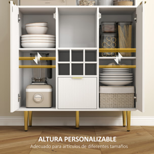 Alacena de Cocina Mueble Auxiliar de Cocina Aparador Alto con 3 Puertas de Vidrio Botellero Cajón Estantes Ajustables y Compartimentos Abiertos 100x40x180 cm Blanco