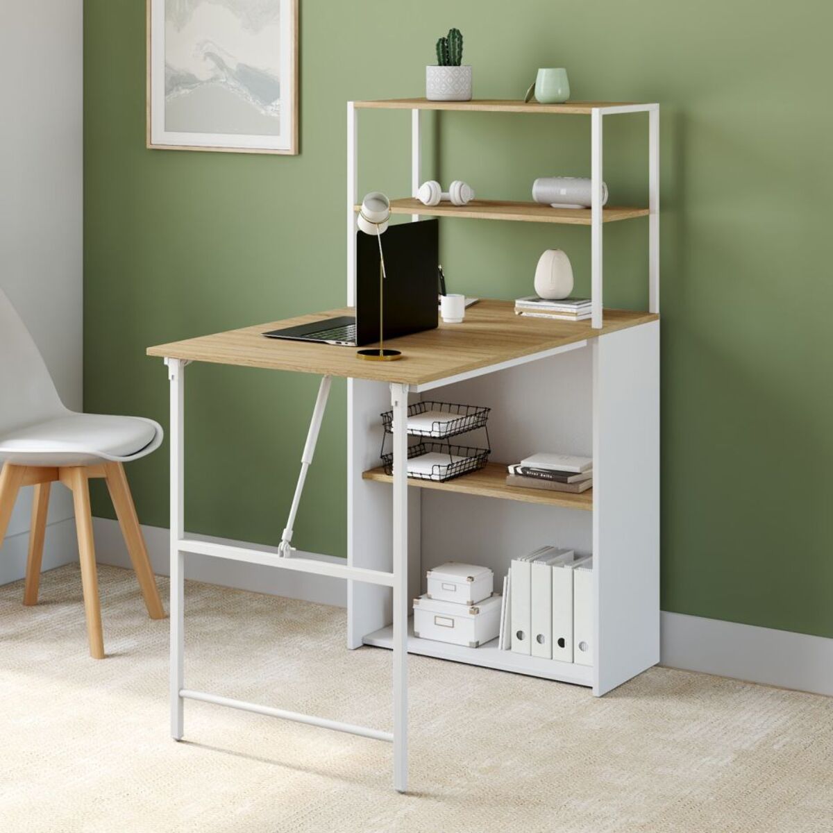 Bureau bibliothèque 2 en 1 pliable Raya blanc et bois