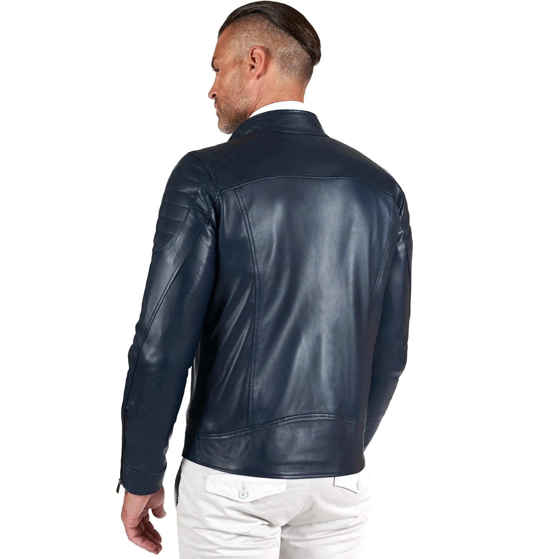 Giacca moto in pelle blu biker trapuntato spalle effetto liscio