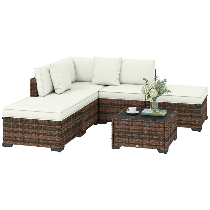 Conjunto de Jardín de Ratán de 6 Piezas, Conjunto Terraza Resistente, Muebles Jardín Exterior Incluye Cojines, 4 Módulos de Asiento, 1 Sofá Esquinero y Mesa Centro de Vidrio, Marrón Mixto