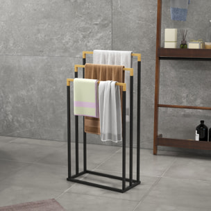 Porte-serviette autoportant 3 barres - dim. 45L x 22l x 86H cm - bois bambou acier noir