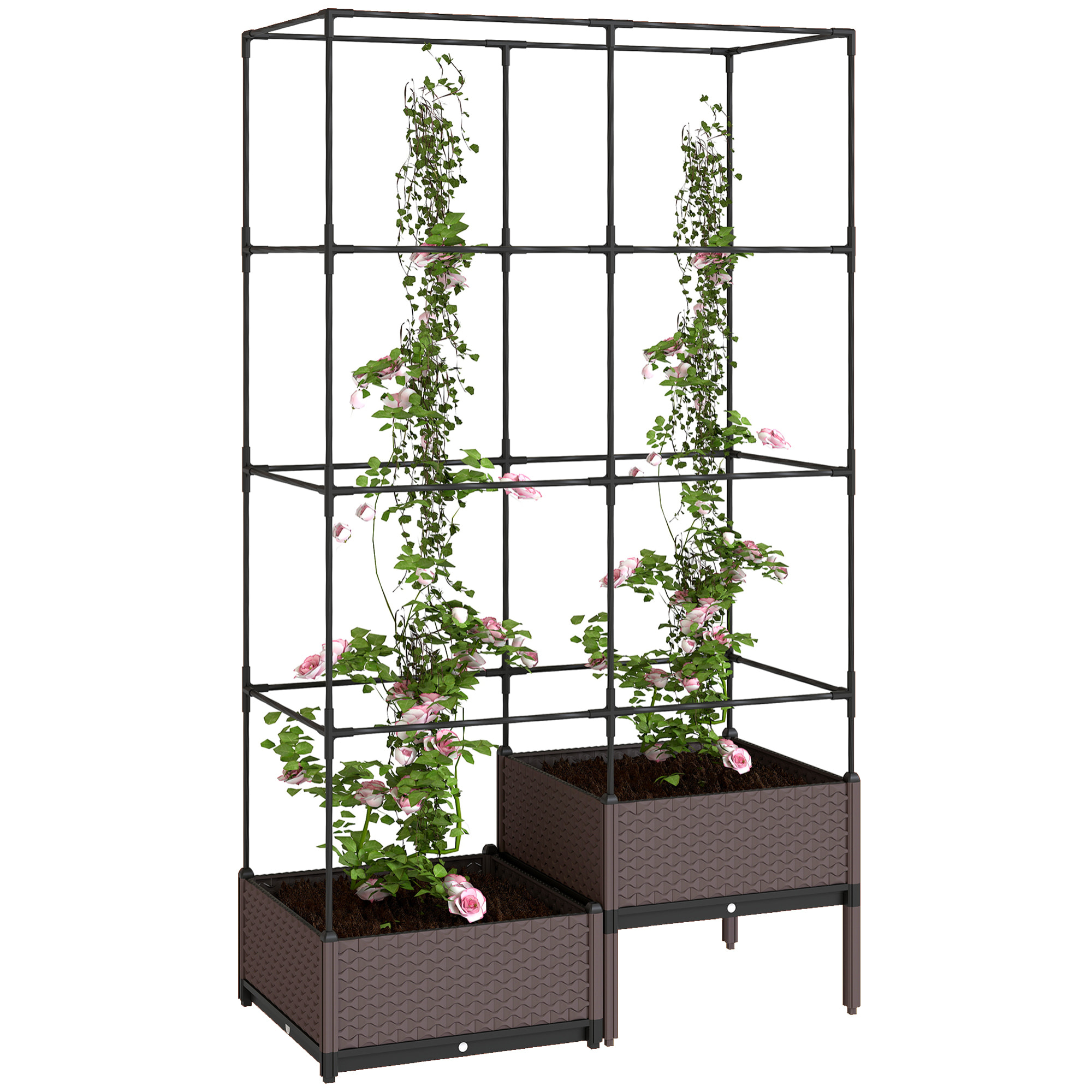 Jardinera con Enrejado Metálico, Jardinera Exterior Grande para Plantas Trepadoras, 2 Macetas de PP con Orificios de Drenaje, Tapones, Macetero Elevado para Jardín Patio, 100x50x174 cm, Negro