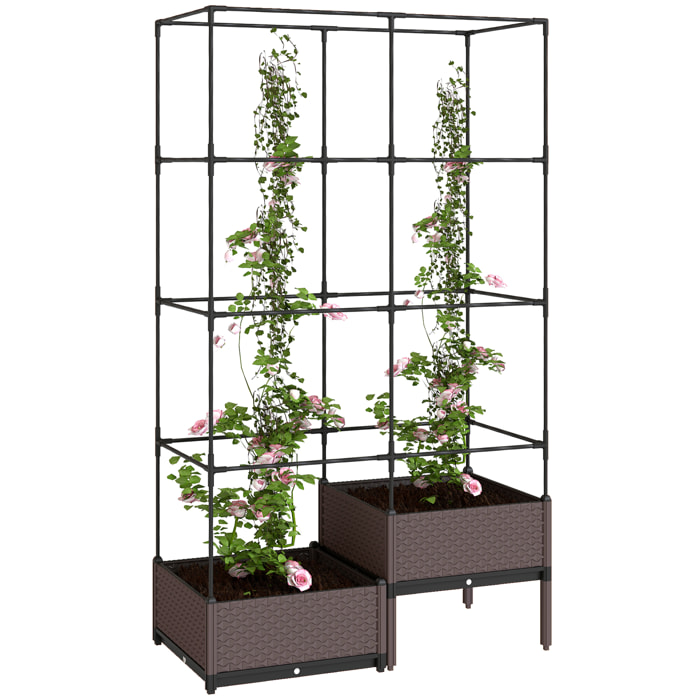 Jardinera con Enrejado Metálico, Jardinera Exterior Grande para Plantas Trepadoras, 2 Macetas de PP con Orificios de Drenaje, Tapones, Macetero Elevado para Jardín Patio, 100x50x174 cm, Negro
