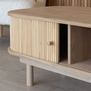 Table basse ovale en bois de pin et portes coulissantes 105cm HECTOR