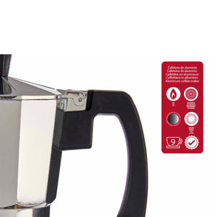 Cafetera de aluminio con asa y capacidad de 450ml para 9 tazas.