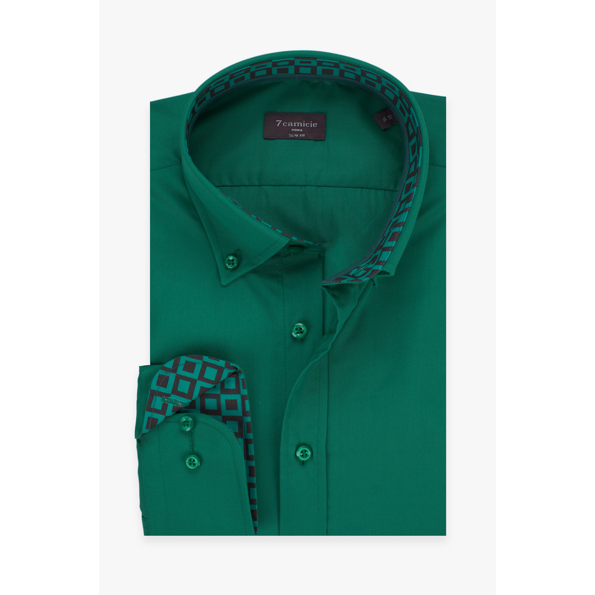 camicia uomo 1 bottone button down slim Popeline Stretch Unito Verde Foglia