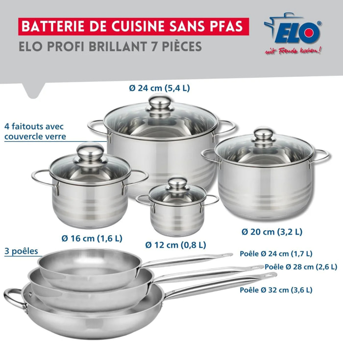 Ensemble de 3 Poêles de cuisson 24, 28 et 32 cm et 4 faitouts 12, 16, 20 et 24 cm Elo Profi Brillant