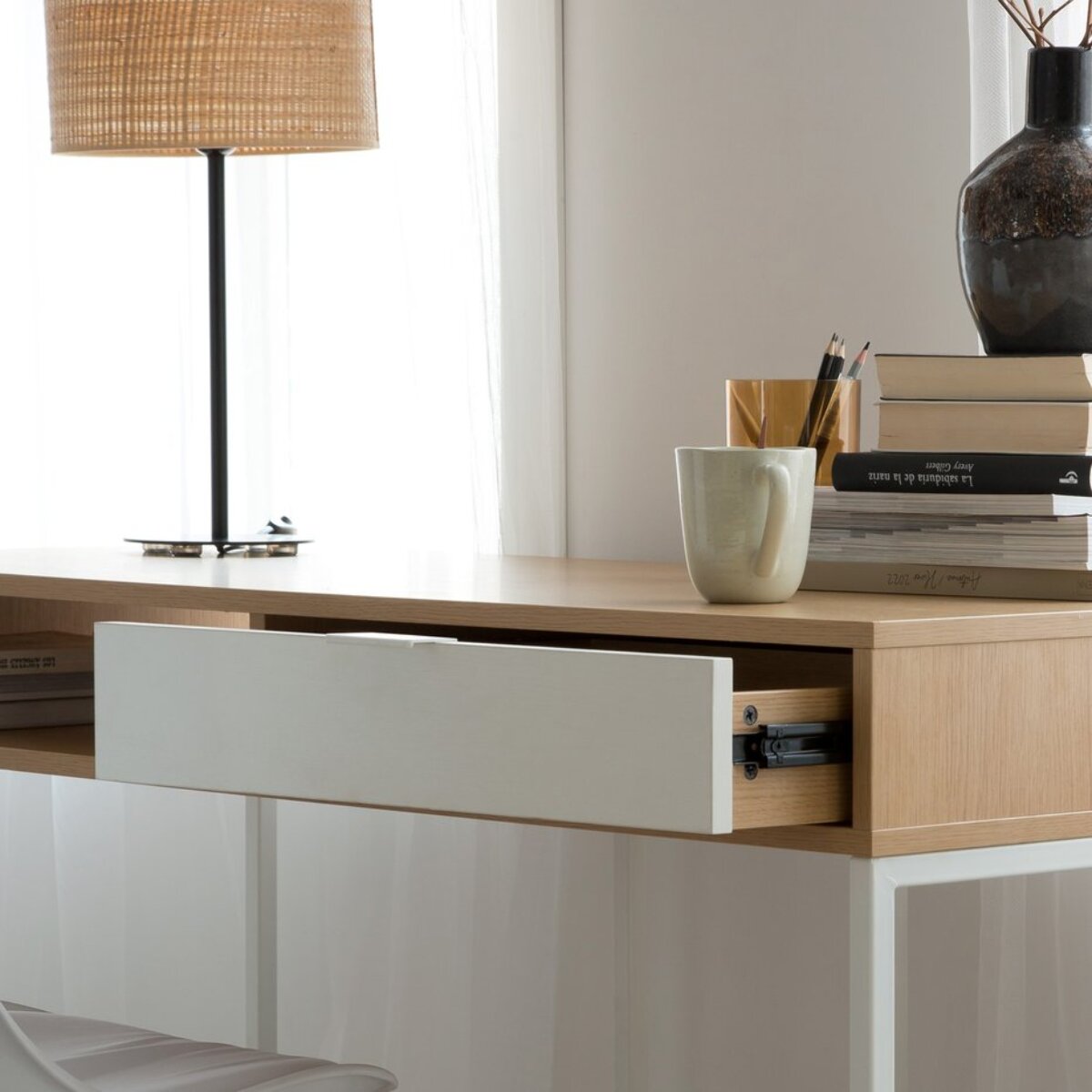 Bureau Gauguin -tableau technique stratifié-couleur chêne clair/blanc 120 x 78 x 50 cm