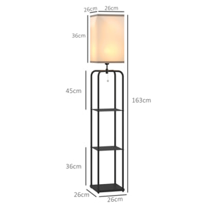 Lampadaire étagères 3 niveaux - interrupteur à tirette - métal MDF noir abat jour tissu blanc