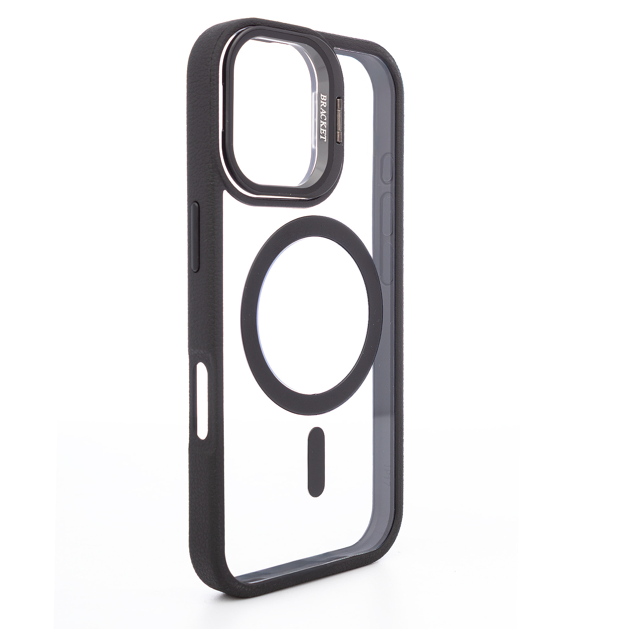 Custodia trasparente con copertura della fotocamera pieghevole che funge da supporto, bordi neri. MagSafe per iPhone 17.