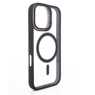 Custodia trasparente con copertura della fotocamera pieghevole che funge da supporto, bordi neri. MagSafe per iPhone 17.