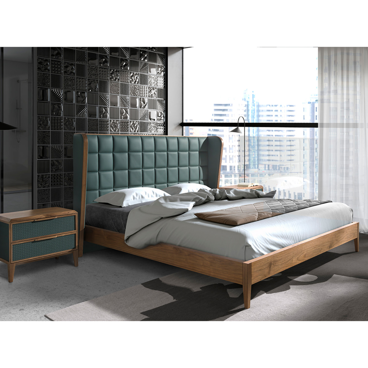 Cama Angel Cerdá de matrimonio con cabecero en polipiel en verde oscuro y estructura de madera chapada en nogal natural 206x213x123cm