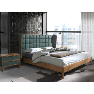 Cama Angel Cerdá de matrimonio con cabecero en polipiel en verde oscuro y estructura de madera chapada en nogal natural 206x213x123cm