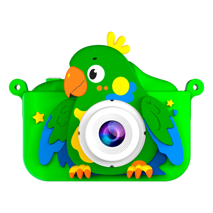 Cámara infantil de fotos y video. 44mpx y video FHD, zoom digital 8x. Cámara trasera para selfies, juegos incorporados. Funda de silicona diseño loro.