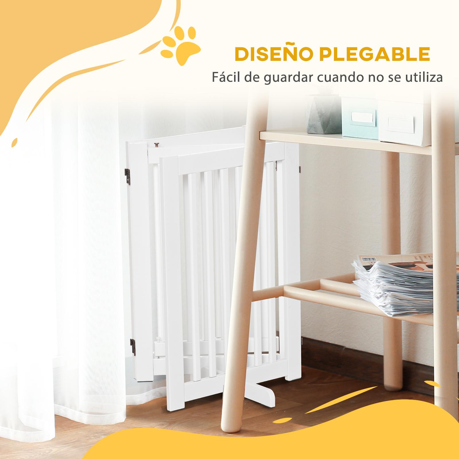 Barrera para Perros de Madera Valla para Mascotas Plegable de 3 Paneles con 1 Puerta y Patas de Apoyo para Pasillo Escalera 155x35,5x76 cm Blanco