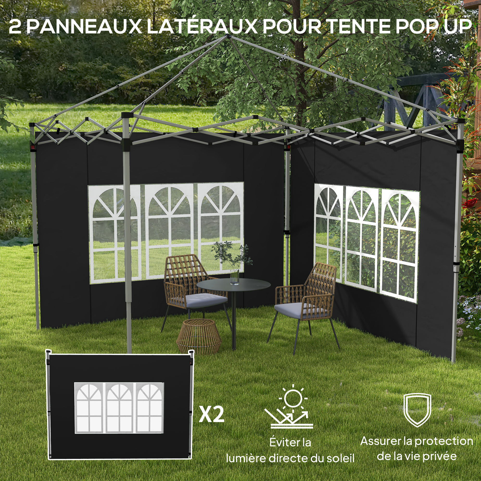 Lot de 2 parois latérales pour tonnelle 3 x 3 m ou 3 x 4 m - bâches de barnum 295 x 195 cm noir