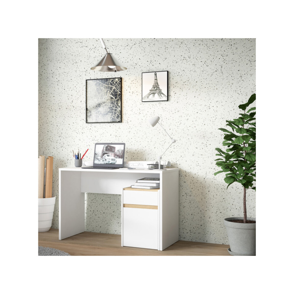 Bureau avec caisson amovible blanc mat et effet chêne - L110 CM - KIARA