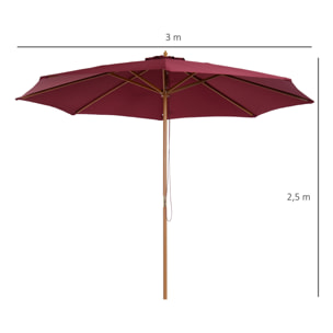 Outsunny Parasol droit en bois polyester haute densité protection solaire Ø 3 x 2,5 m rouge