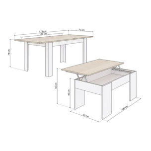 Pack mesa de comedor 123 y mesa de centro Vita Blanco Artik (Blanco Mate) - Roble Canadian