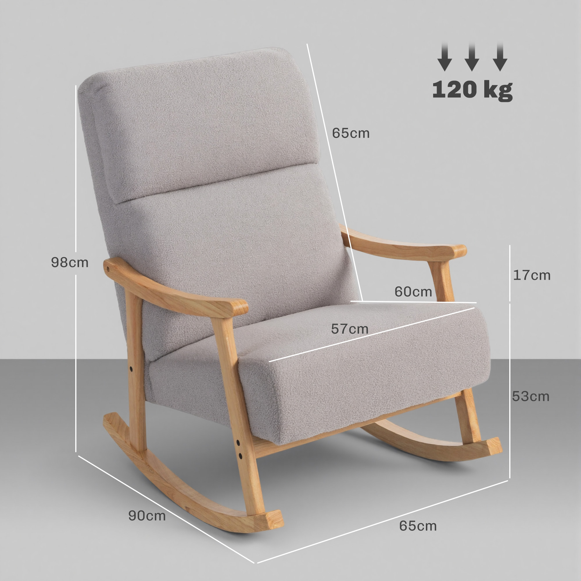 Silla Mecedora de Borreguito Moderna, Mecedora con Patas y Reposabrazos de Madera de Caucho, Respaldo Alto, Sillón de Lactancia Carga 120 kg, para Dormitorio, Salón