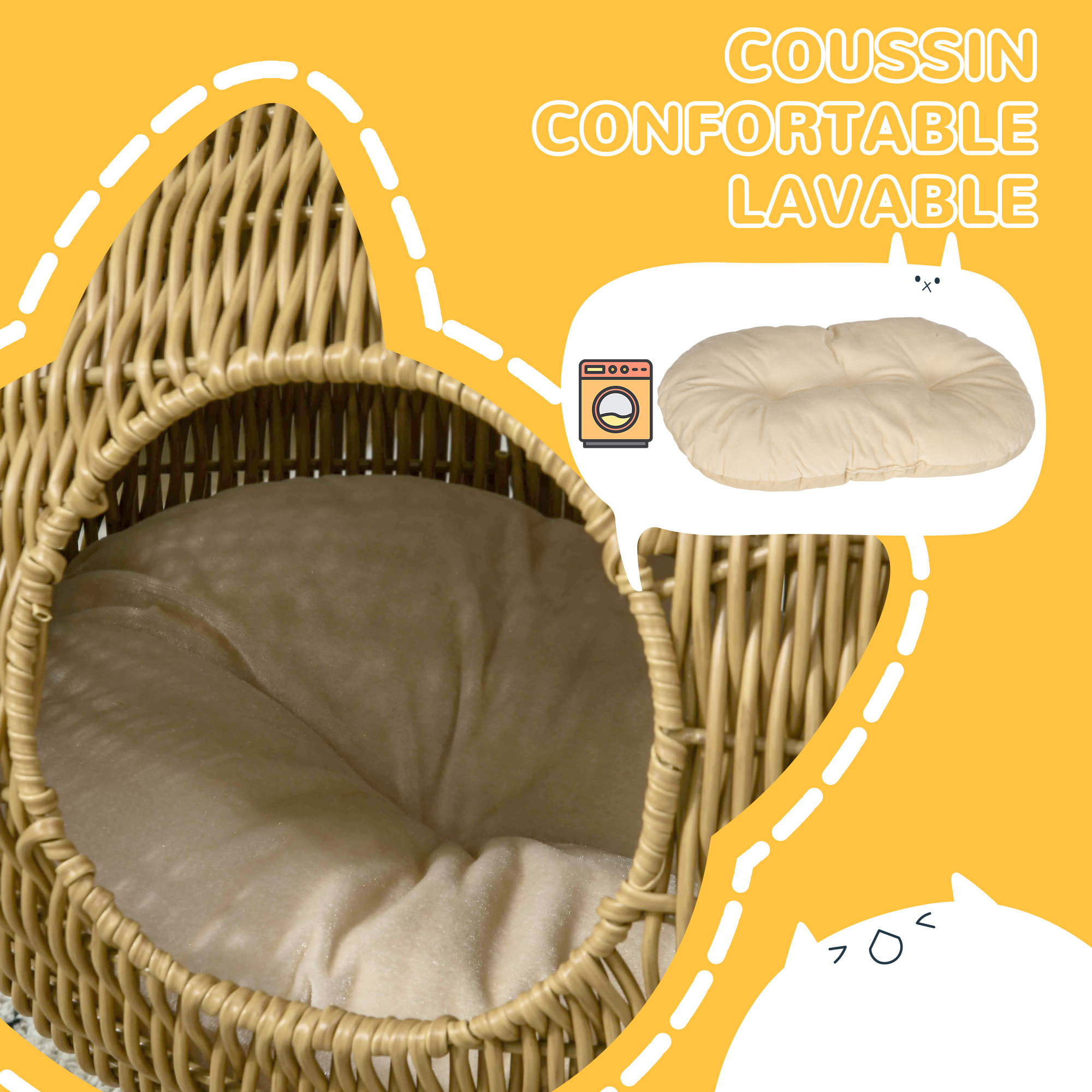 Panier pour chat en résine tressée imitation rotin grand confort dim. 55L x 36l x 42H cm coussin moelleux beige inclus