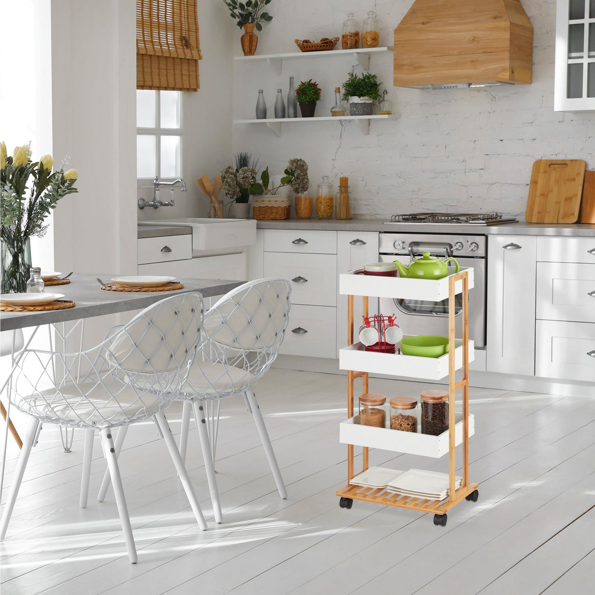 Well home carro de almacenamiento en bambú con 1 estante y 3 bandejas en color blanco 40x30x87,5cm