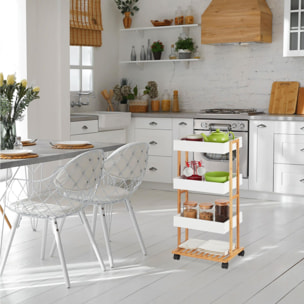 Well home carro de almacenamiento en bambú con 1 estante y 3 bandejas en color blanco 40x30x87,5cm