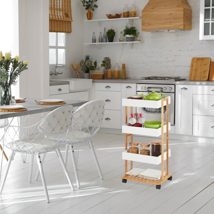 Well home carro de almacenamiento en bambú con 1 estante y 3 bandejas en color blanco 40x30x87,5cm