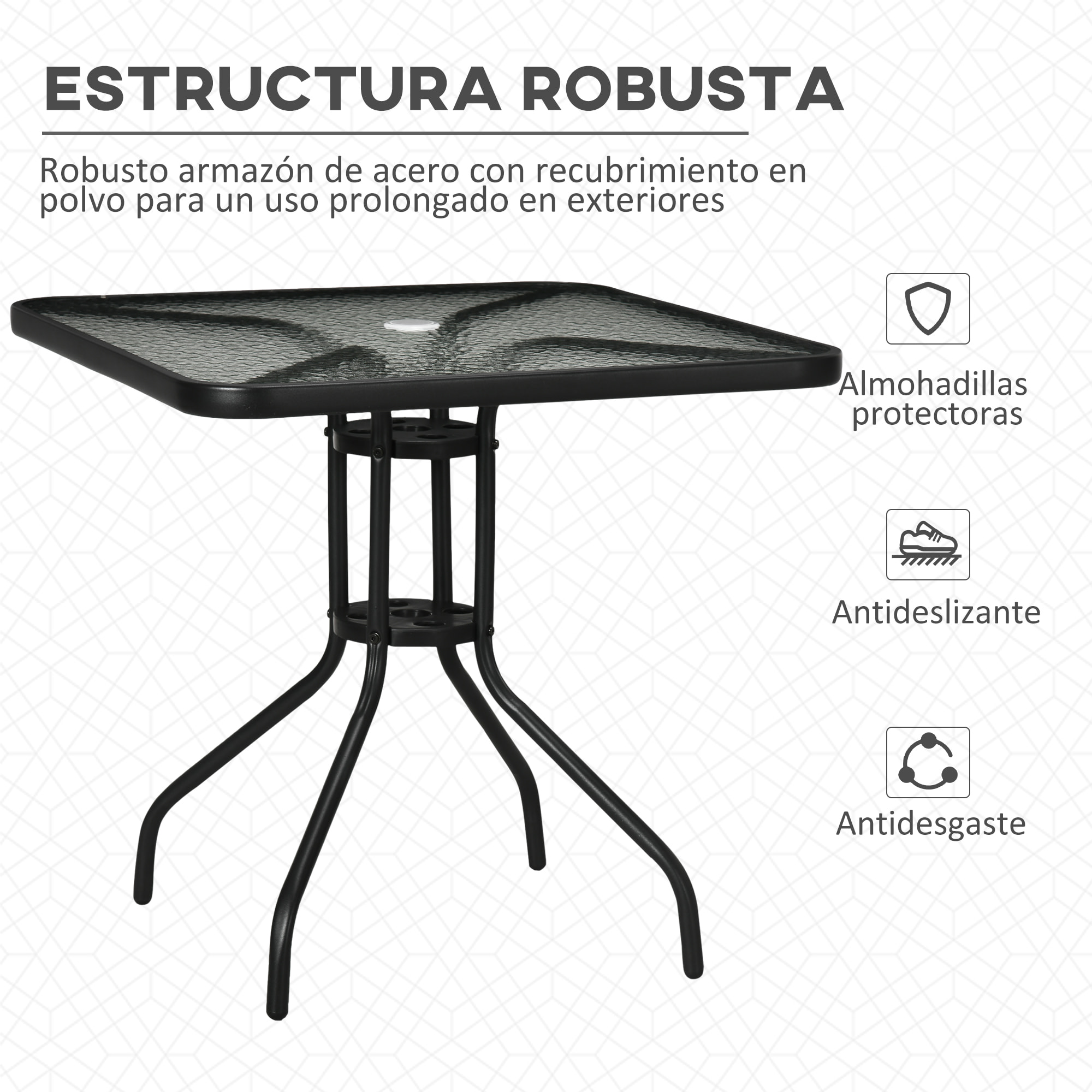 Mesa de Jardín Cuadrada Mesa de Comedor Exterior 76x76x72 cm con Agujero para Sombrilla y Encimera de Vidrio Templado para Patio Terraza Negro