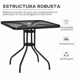 Mesa de Jardín Cuadrada Mesa de Comedor Exterior 76x76x72 cm con Agujero para Sombrilla y Encimera de Vidrio Templado para Patio Terraza Negro