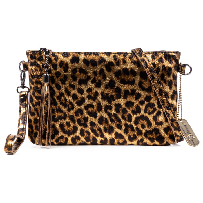 Oleggio bolso bandolera mujer. Piel auténtica Gamuza con estampado de animal print leopardo y lacada brillante.