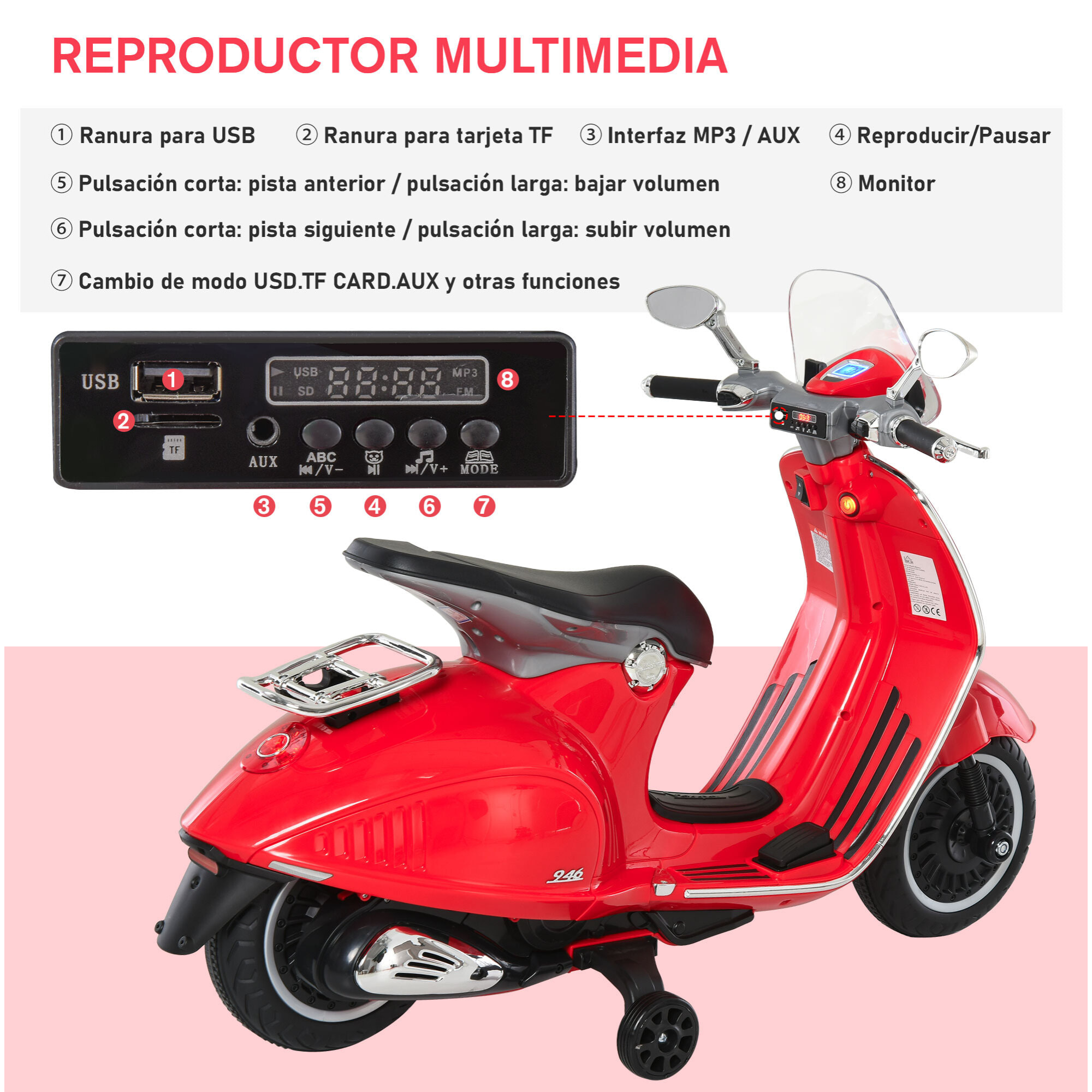 Moto Eléctrica con Faros Música 2 Ruedas Auxiliares Rojo