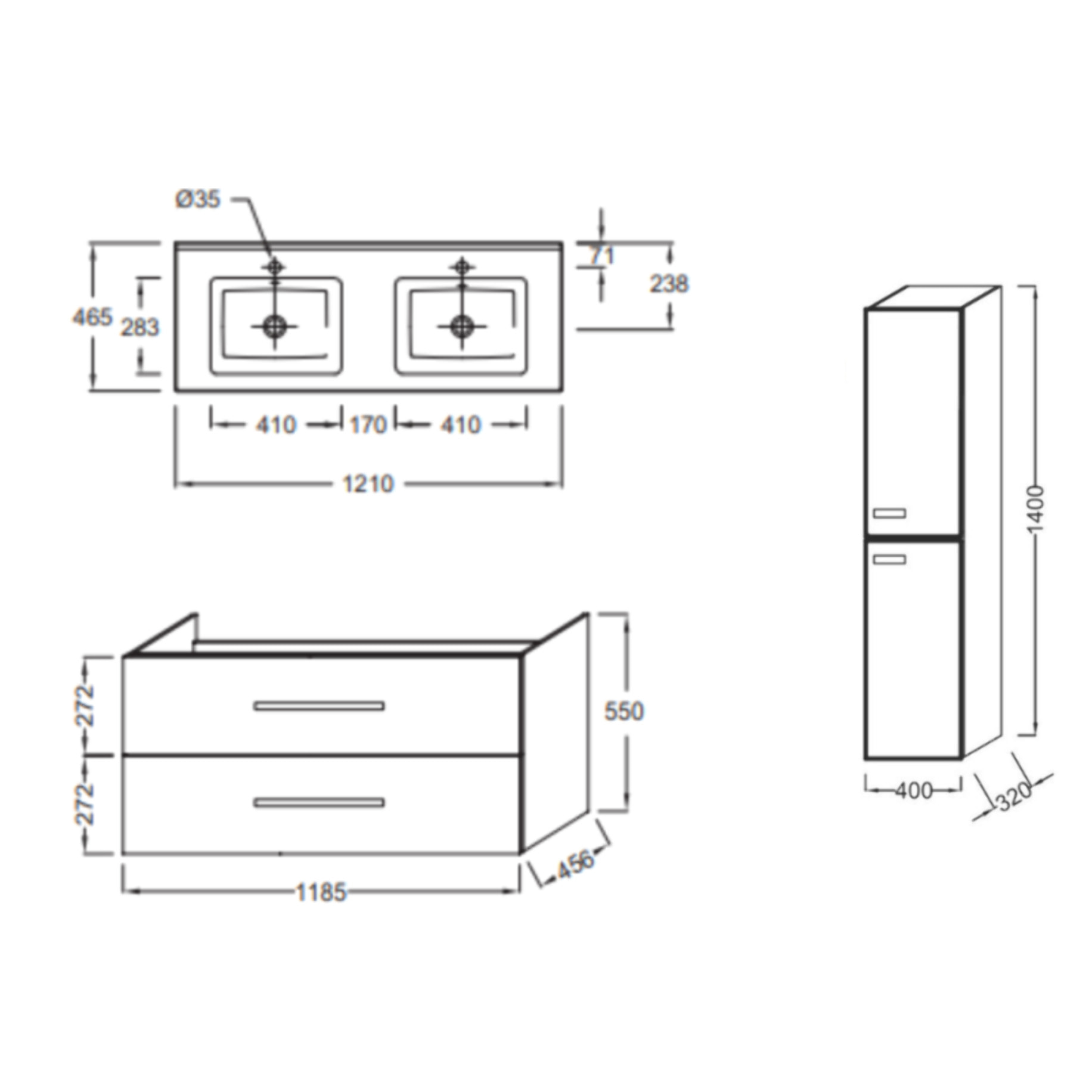 Meuble double vasque 120 cm Ola up + colonne de salle de bain chêne