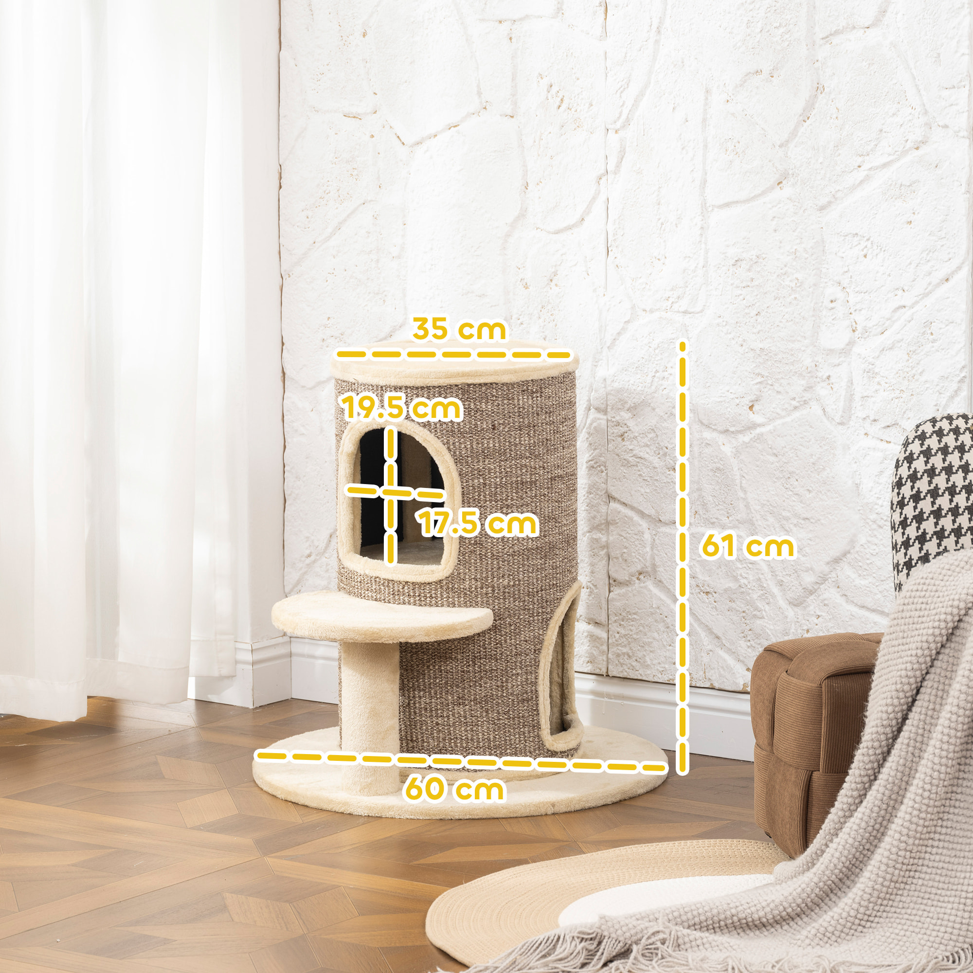Arbre à chat cylindrique - tour à griffer pour chat H.61cm - tonneau griffoir - 2 niveaux + plateforme - sisal peluche beige